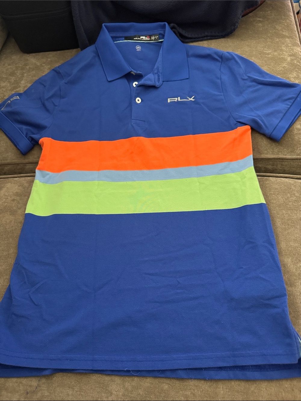 Ralph Lauren RLX Blue Polo with Orange, Light Blue and Lime Stripes